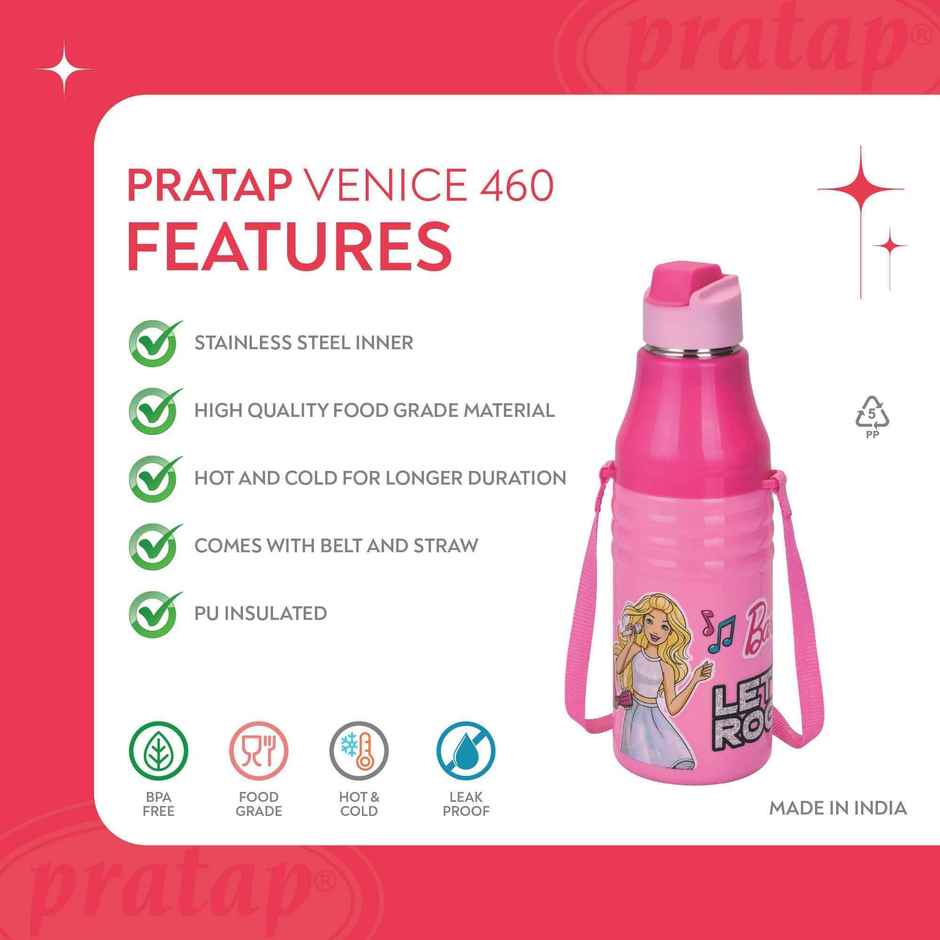 Barbie Kids Stainless Steel Insulated Water Bottle with Straw | Leak Proof, BPA Free