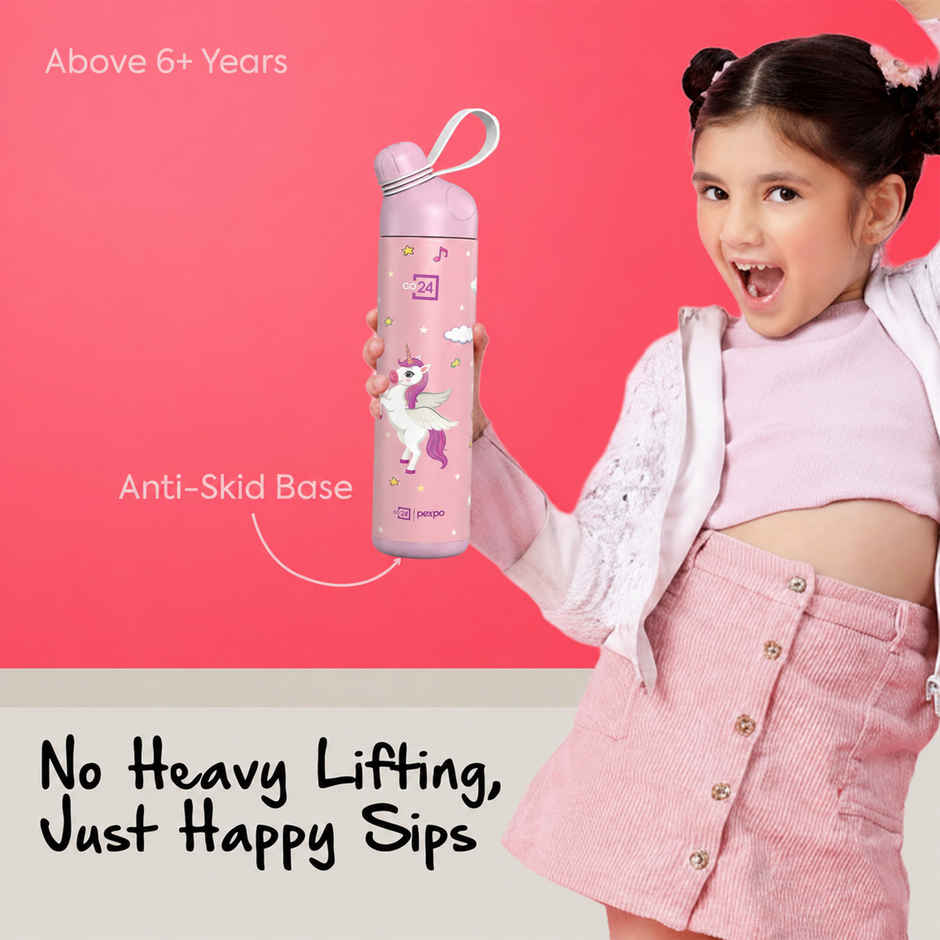 Go24 | Pexpo Stainless Steel Pico Cute Sipper Hot & Cold Water Bottle | Unicorn UV Printed | Pink | 500 ml
