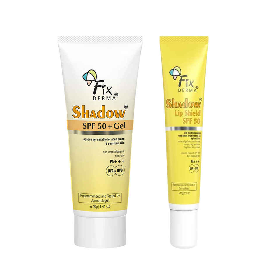 Fixderma Shadow Sunscreen Spf 50+ Pa+++ Gel, Lightweight & No White Cast For Oily Skin (40g) & Fixderma Shadow Spf 50 Lip Shield, Sunscreen Lip Balm Prevents Pigmentation & Sun Damage (15g) Combo