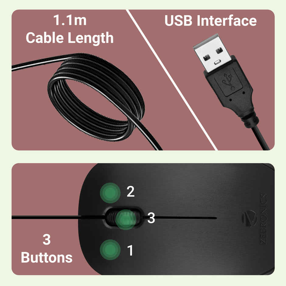 Zebronics Power Wired USB Mouse, 3-Button, 1200 DPI Optical Sensor, Plug & Play, for Windows/Mac - Black