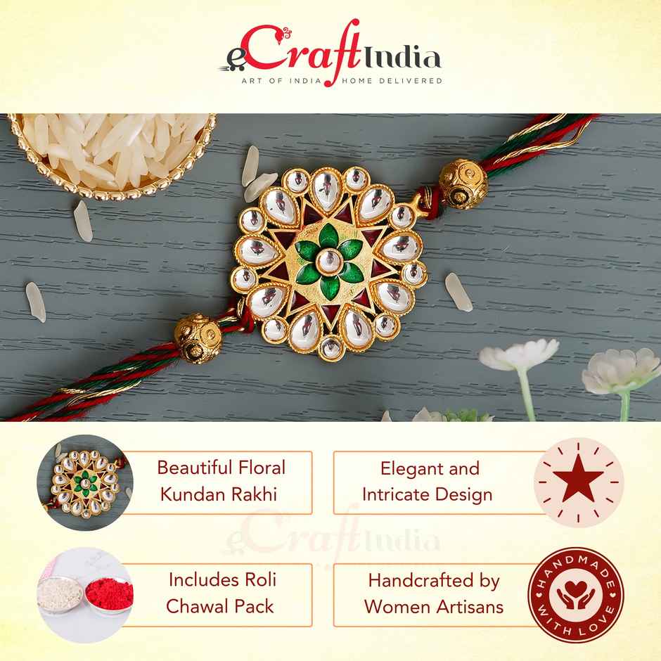 Floral Multicolor Designer Kundan Rakhi for Brother with Roli Chawal Pack (eCraftIndia)