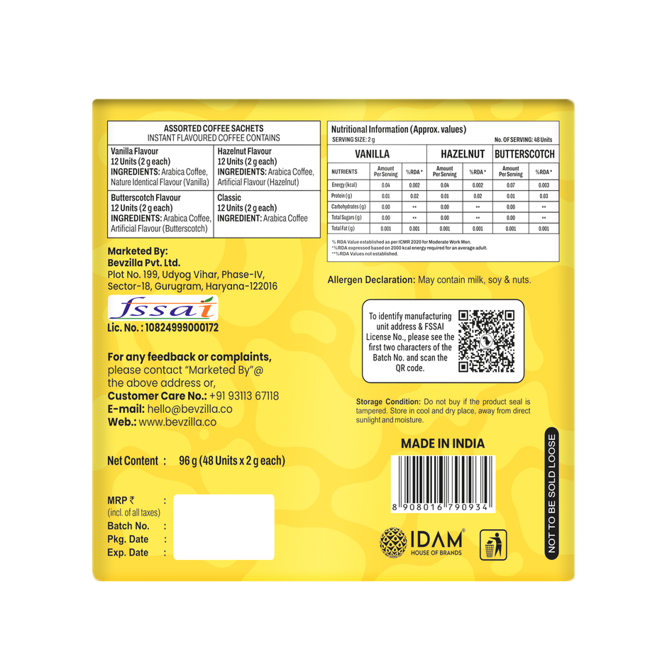 Bevzilla Assorted Flavoured Instant Coffee Powder Sachets