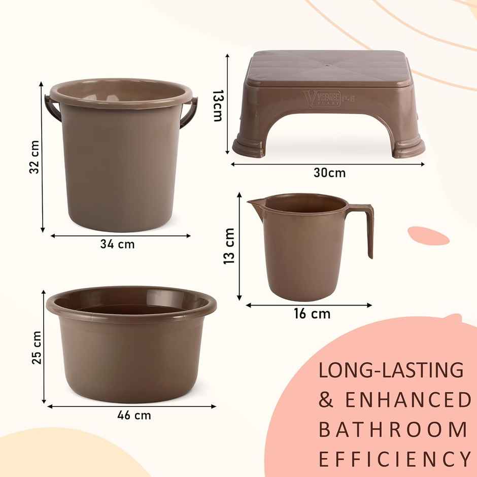 Kuber Industries Tub-Bucket with Mug & Stool Bathroom Combo Set|Set of 4|Brown
