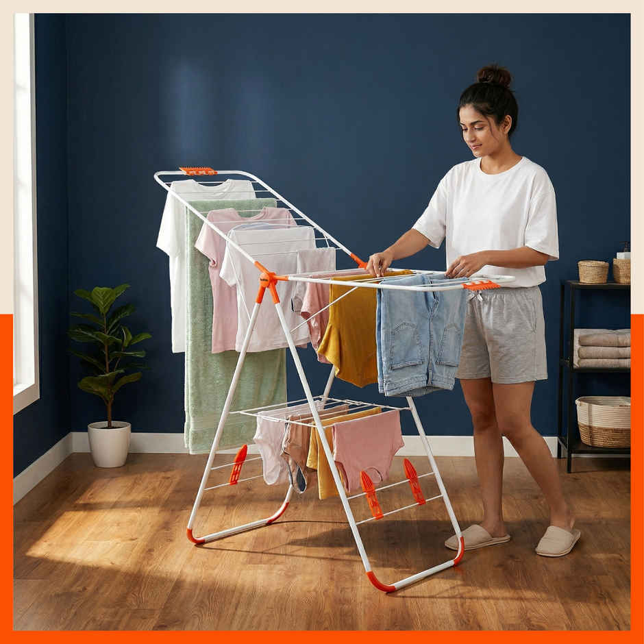 Bathla Foldable Cloth Drying Stand for Home - Neo | Steel | Heavy Duty, Lightweight | Orange