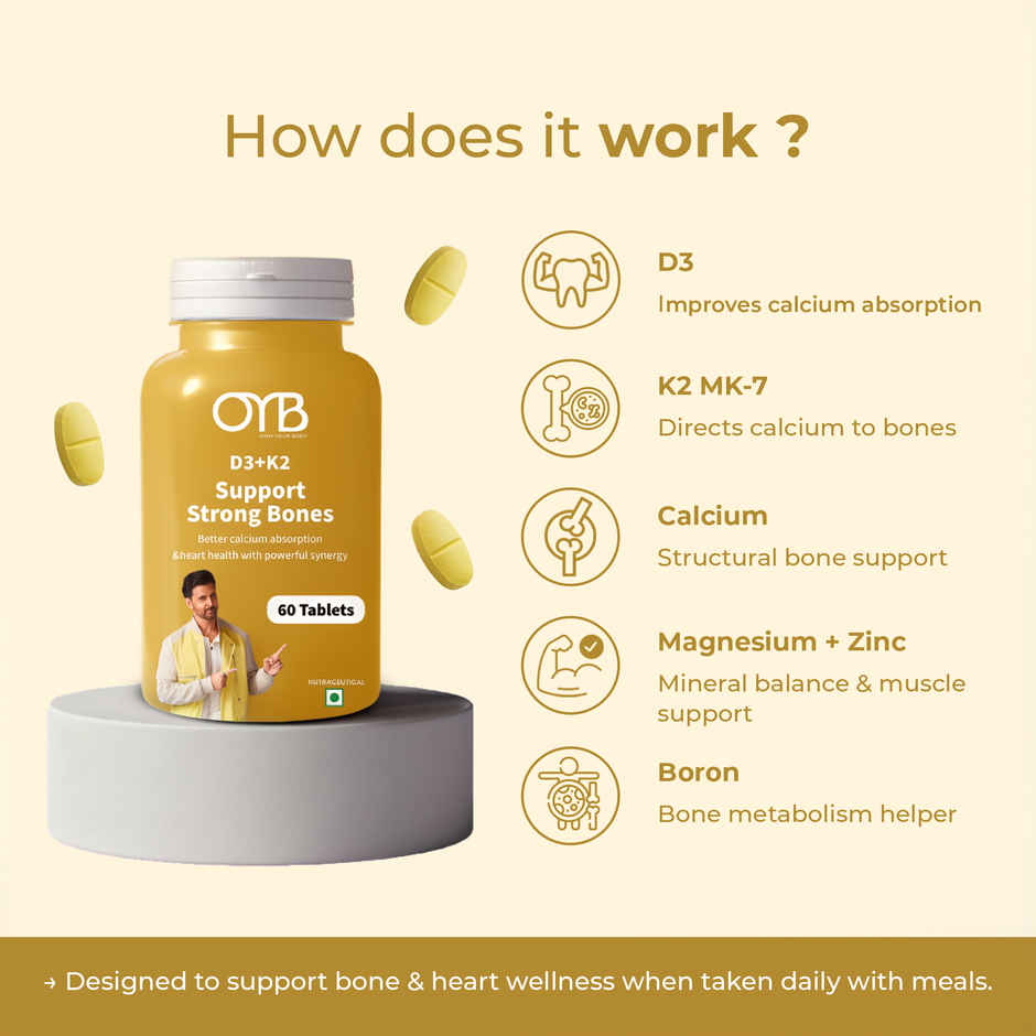 OYB D3 + K2 for Bone & Heart Health with D3, K2 MK-7 & Calcium | 60 Tablets | OYB D3 + K2