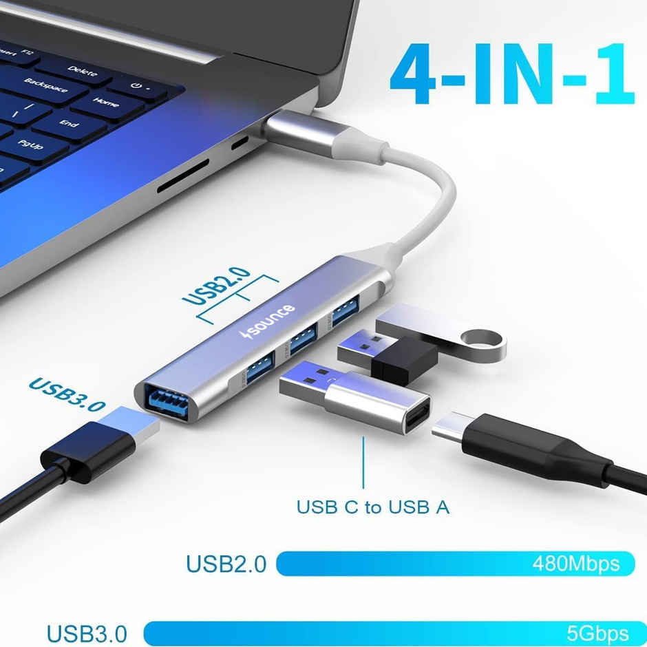 Sounce 4 In 1 Portable Usb C Hub (Type-C To 4 Usb-A Ports) With Aluminum Shell, White