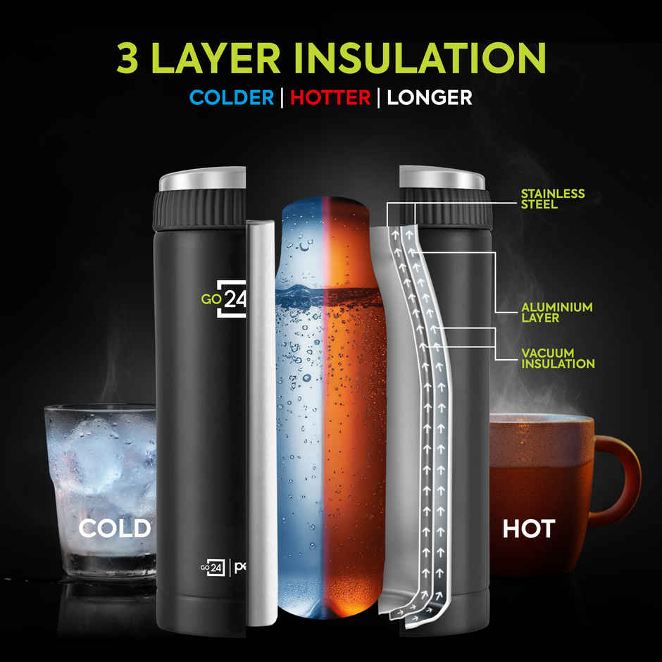 Go24 | Pexpo Crypto ISI Certified Hot & Cold Flask | 430 ml | Knight Black | Stainless Steel