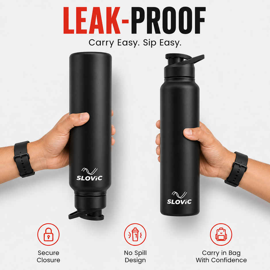 Slovic 1L Stainless Steel Water Bottle with Sipper Cap | 100% BPA Free & leak-Proof | Black