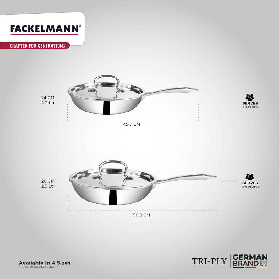 Fackelmann 24 cm Frying Pan, Triply | with Lid | German Quality | Energy-Efficient Fry Pan | Non-Toxic | Even Heating | Ideal for All Cooktops | Hassle-Free Maintenance | 5 Year Warranty