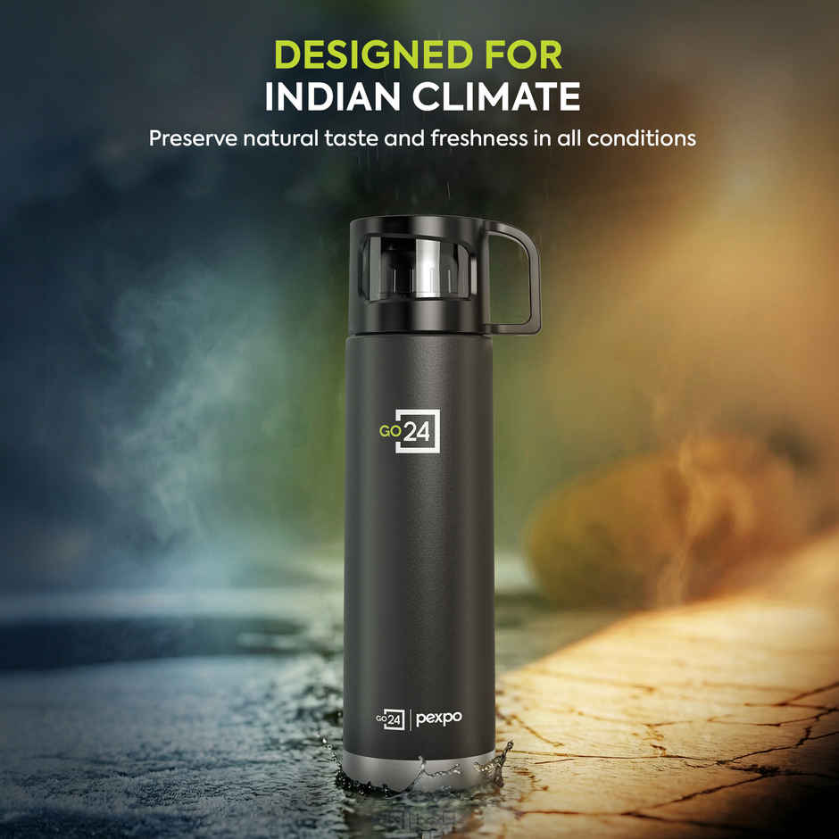 Go24 | Pexpo Vacuum Insulated Water Bottle With Jute-Bag | 1 L | 24 Hrs Hot And Cold Ferrero Flask