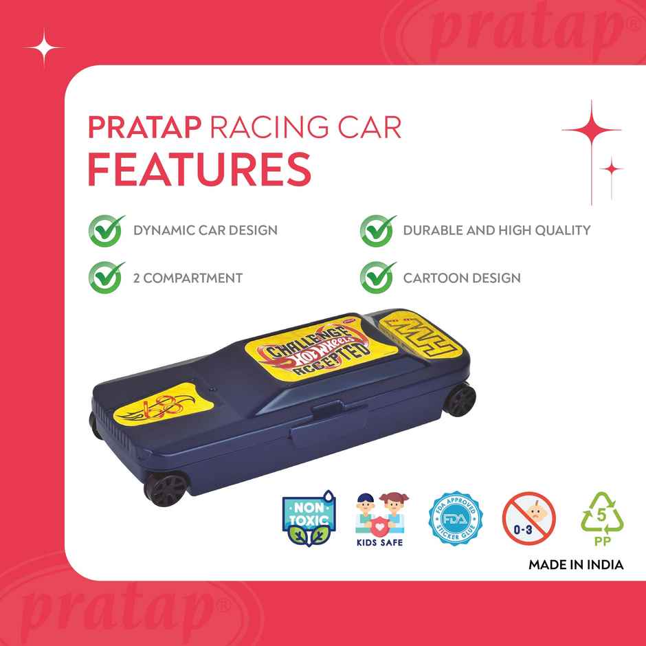 PRATAP Racing Car Pencil Box with Wheels | 2 Compartment | D.Blue | Hot Wheels