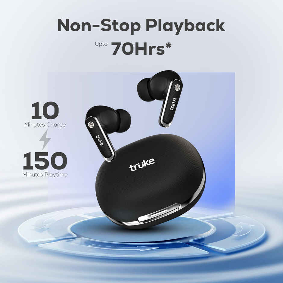 Truke Mega 12 Buds with 70H Playtime Leather Textured Finish Spatial Audio 13mm Drivers Ash Black
