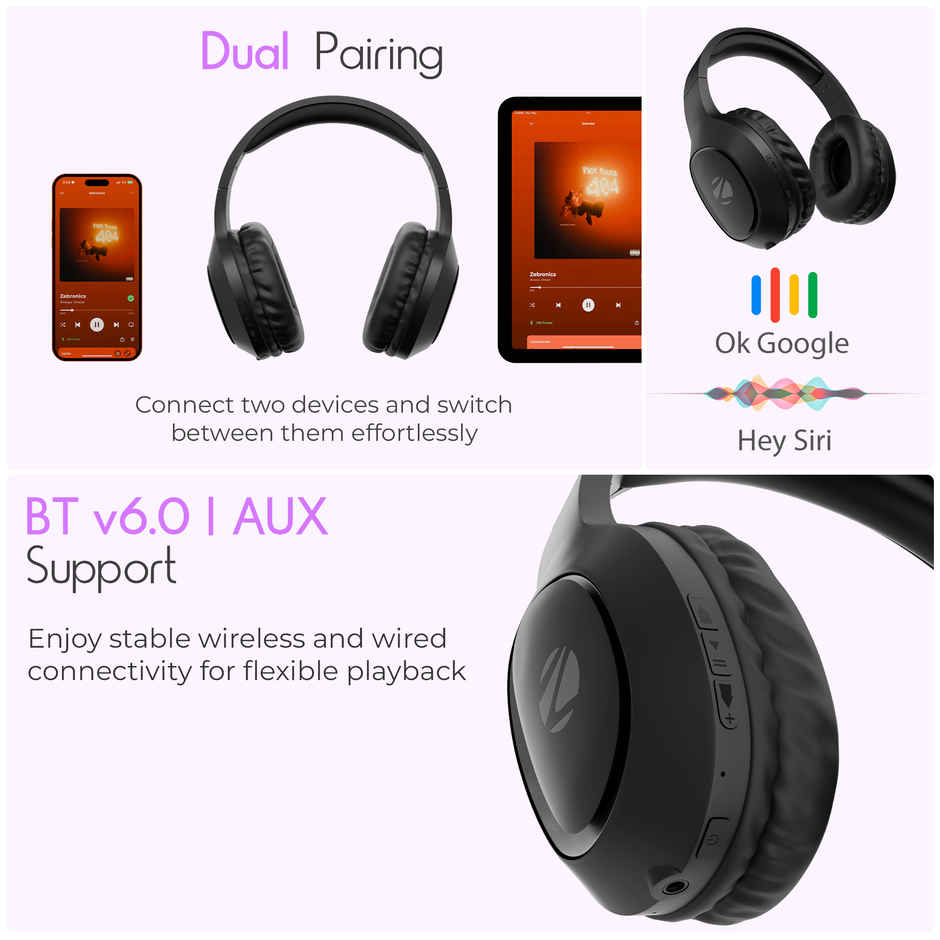 Zebronics Thunder Neo Wireless Over-Ear Headphone, 60Hr Backup, Bt 5.4, Gaming, Deep Bass, Black