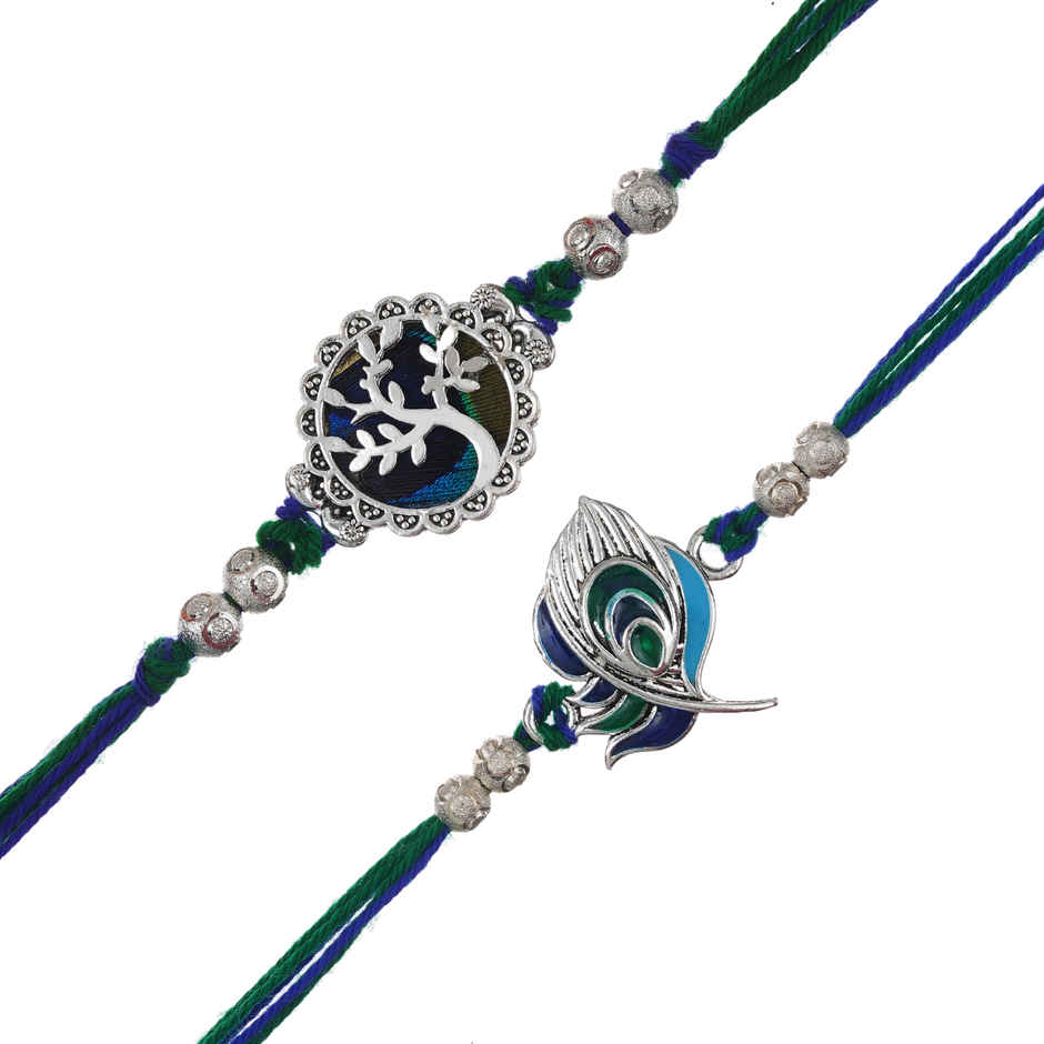 Religious Peacock Feather and Floral Designer Rakhis for Brothers & Roli Chawal Pack (eCraftIndia) Set of 2