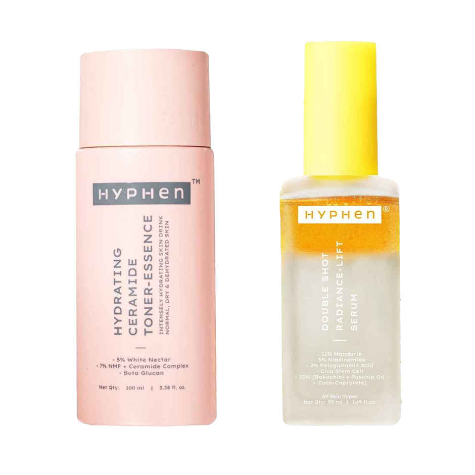 Hyphen 7% Ceramides-Nmf Face Toner Essence | 5% Glass Skin Blend With Rice Water (100ml) & Hyphen 18% Brightening + 20% Collagen Double Serum | 5% Niacinamide For Dark Spots (50ml) Combo
