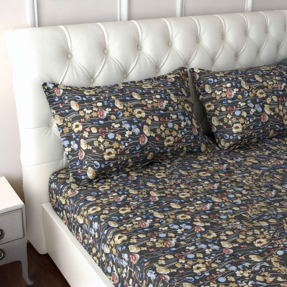 Raymond Home 120 GSM Hazel Floral Double Bedsheet with 2 Pillow Covers Black