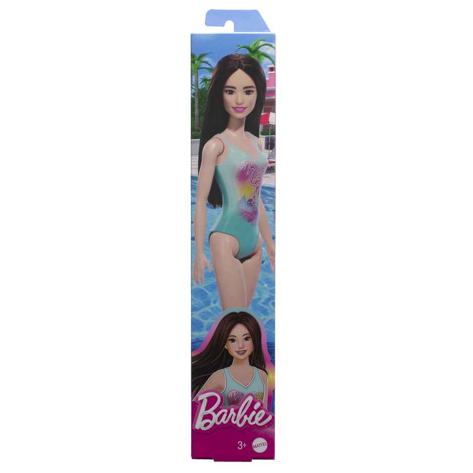 Mattel Barbie Beach Doll with Black Hair, Blue One-Piece Swimsuit with Tropical Print