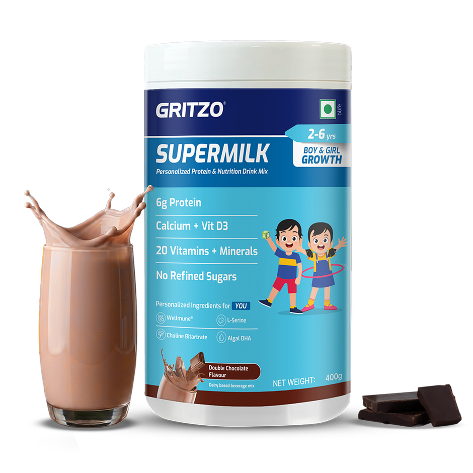 Gritzo Supermilk Overall Growth | 2-6y Boy & Girl | 6g Protein Powder | Double Chocolate