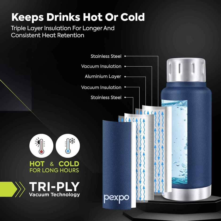 Pexpo Stainless Steel Cameo Hot & Cold Water Bottle | Denim Blue | 300 ml