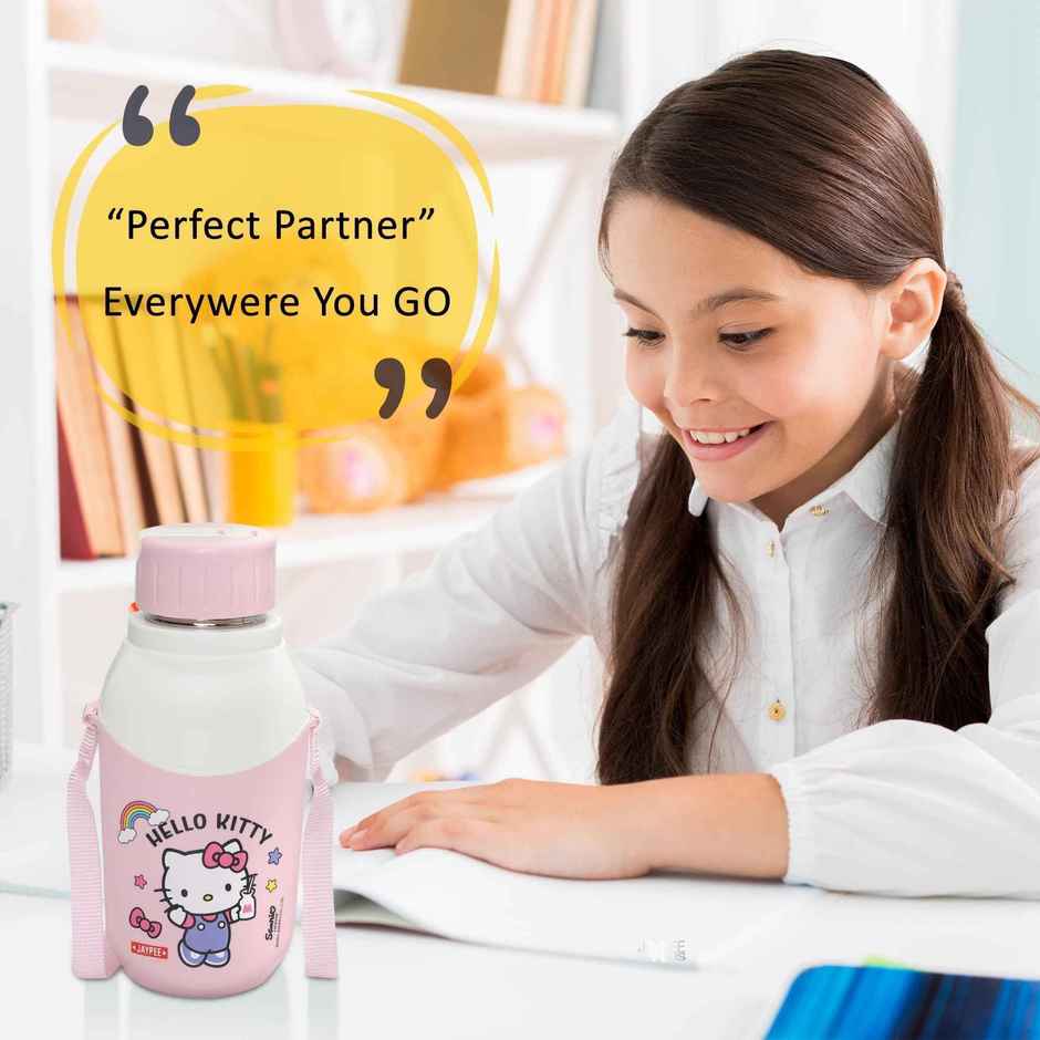 Jaypee Binny Pro SS Inner Insulated Bottle Hello Kitty Sipper Water Bottle For Kids, 420ml Pink