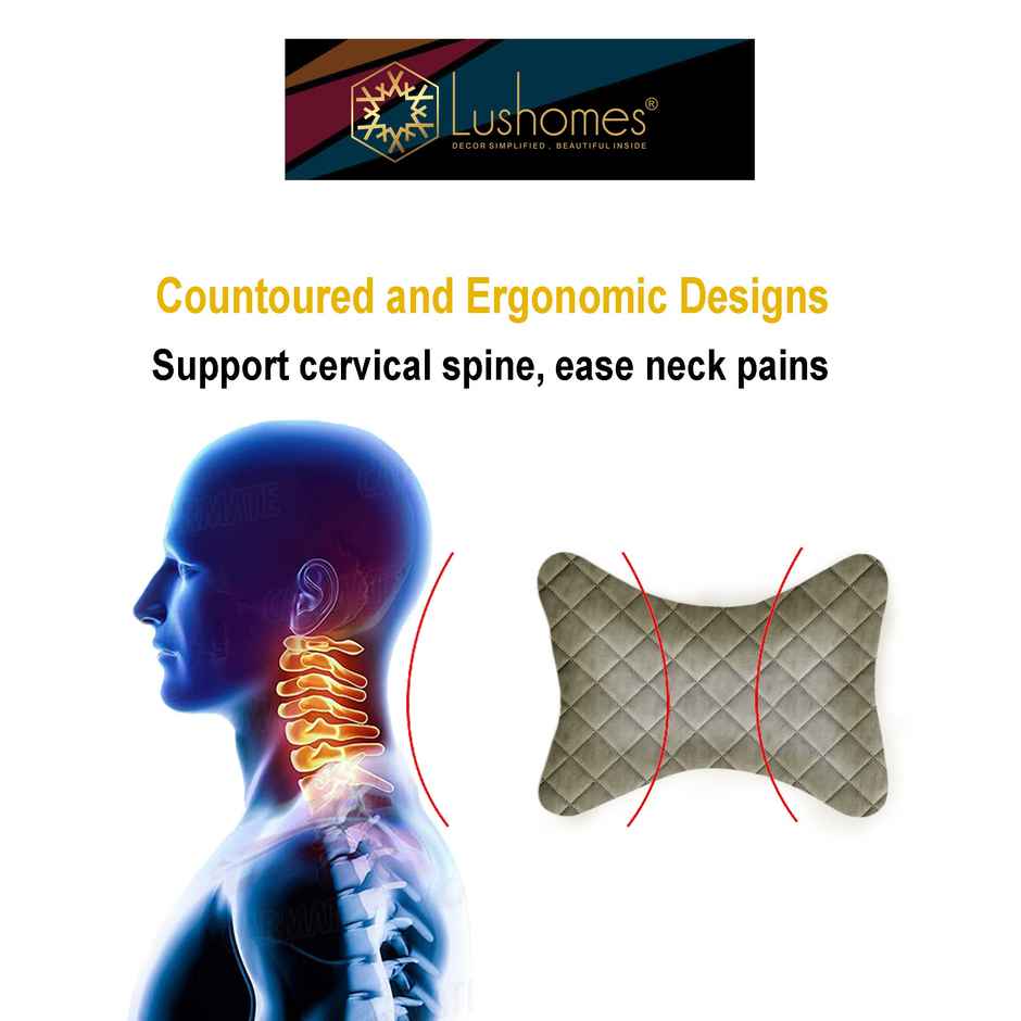 Lushomes Car Neck Rest Pillow - Grey | Premium Quilted Velvet | 6 x 10 inch