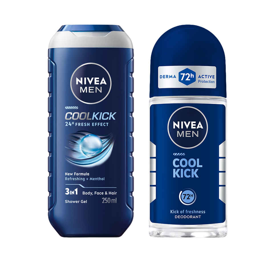 Nivea Men Cool Kick With Refreshing Icy  Menthol Shower Gel For Body Face & Hair (250ml) & Nivea Men'S Deodorant Roll On For Men (50ml) Combo