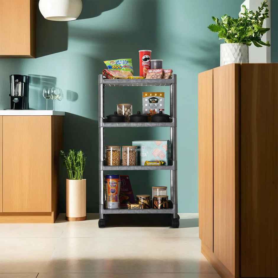 Kuber Industries 4-Shelf Storage Rack with Wheels | Multipurpose Organizer for Home & Office | Grey