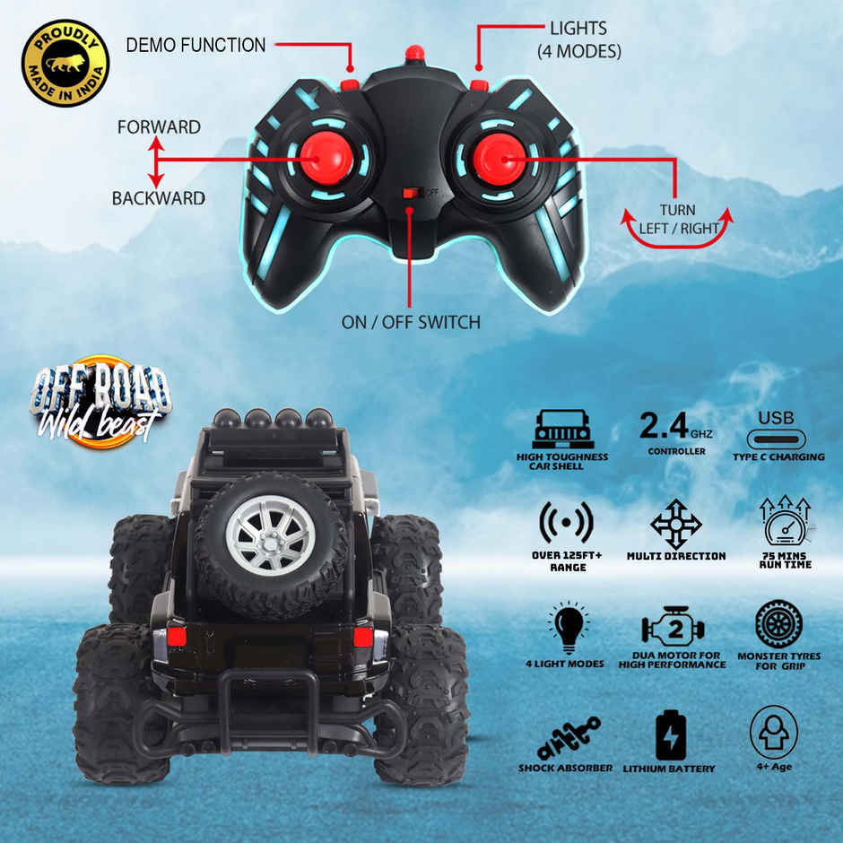 Race N Roll Off Roader Rechargeable Remote Control Monster Truck - Jee Black