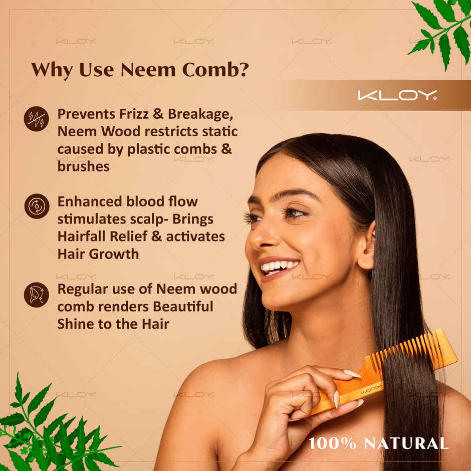 Kloy Kacchi Neem Comb, Wooden Comb For Men, Women Treated With Neem Oil, Bhringraj With Handle