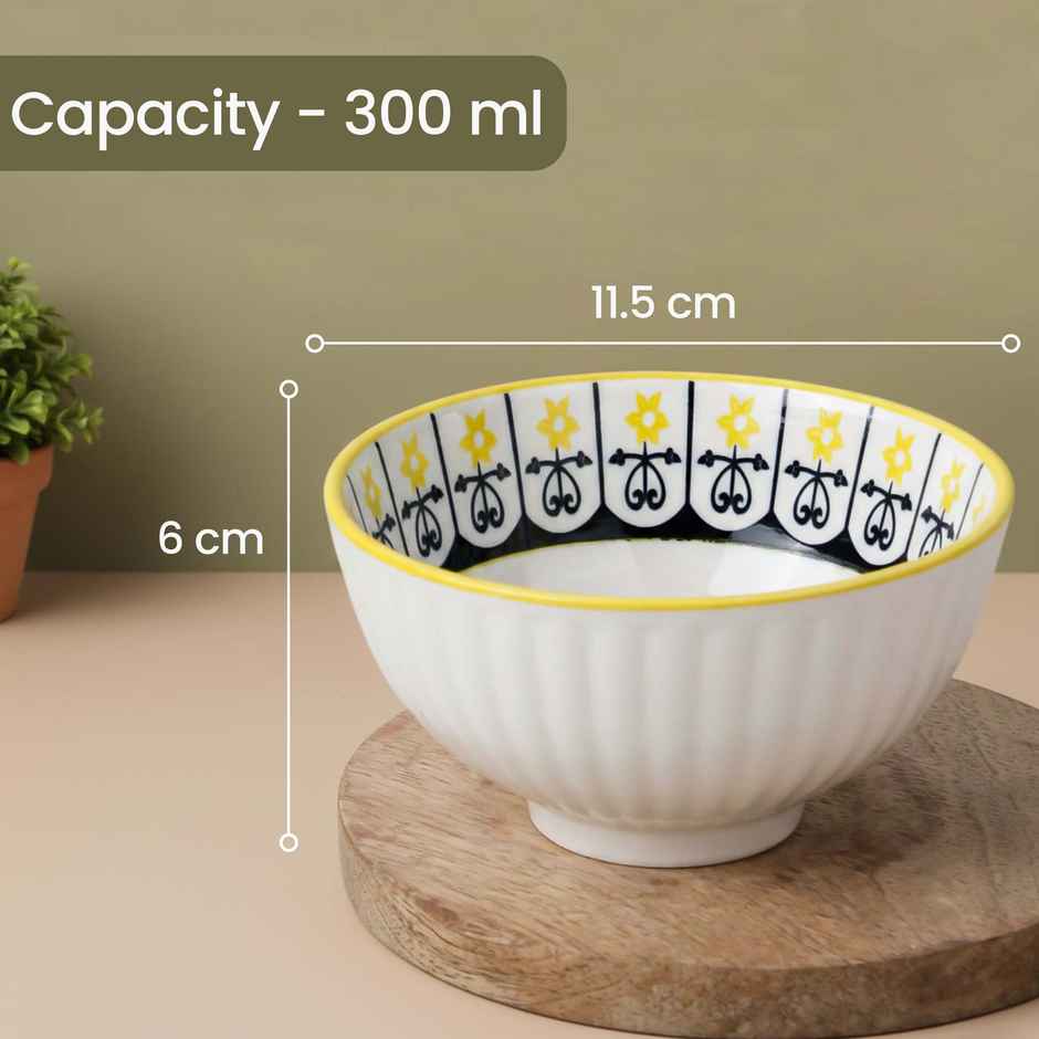 The Earth Store Yellow Floret Ceramic Bowl Set | Microwave & Dishwasher Safe | 300 ml