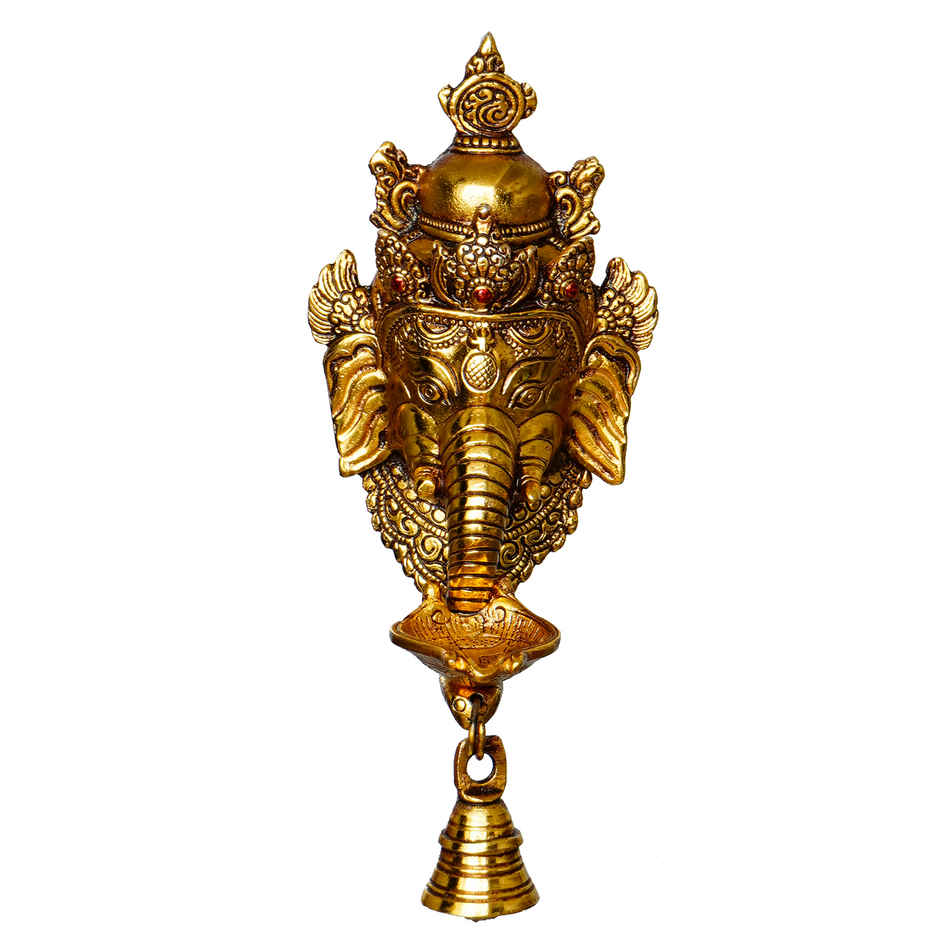 eCraftIndia Golden Metal Lord Ganesha Face Wall Hanging Diya With Bell