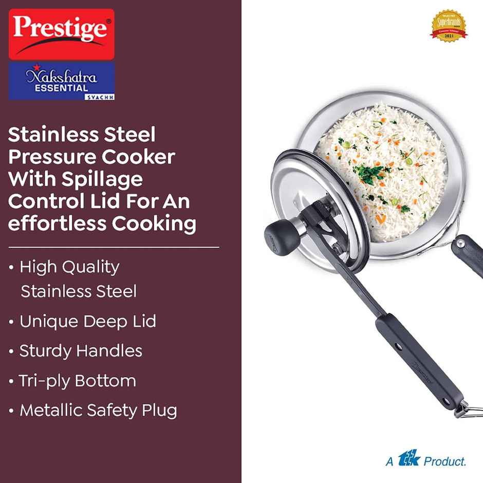 Prestige Nakshatra Essential Svachh SS Pressure Cooker 5Ltr,High Quality SS,Tri-Ply Bottom,Silver
