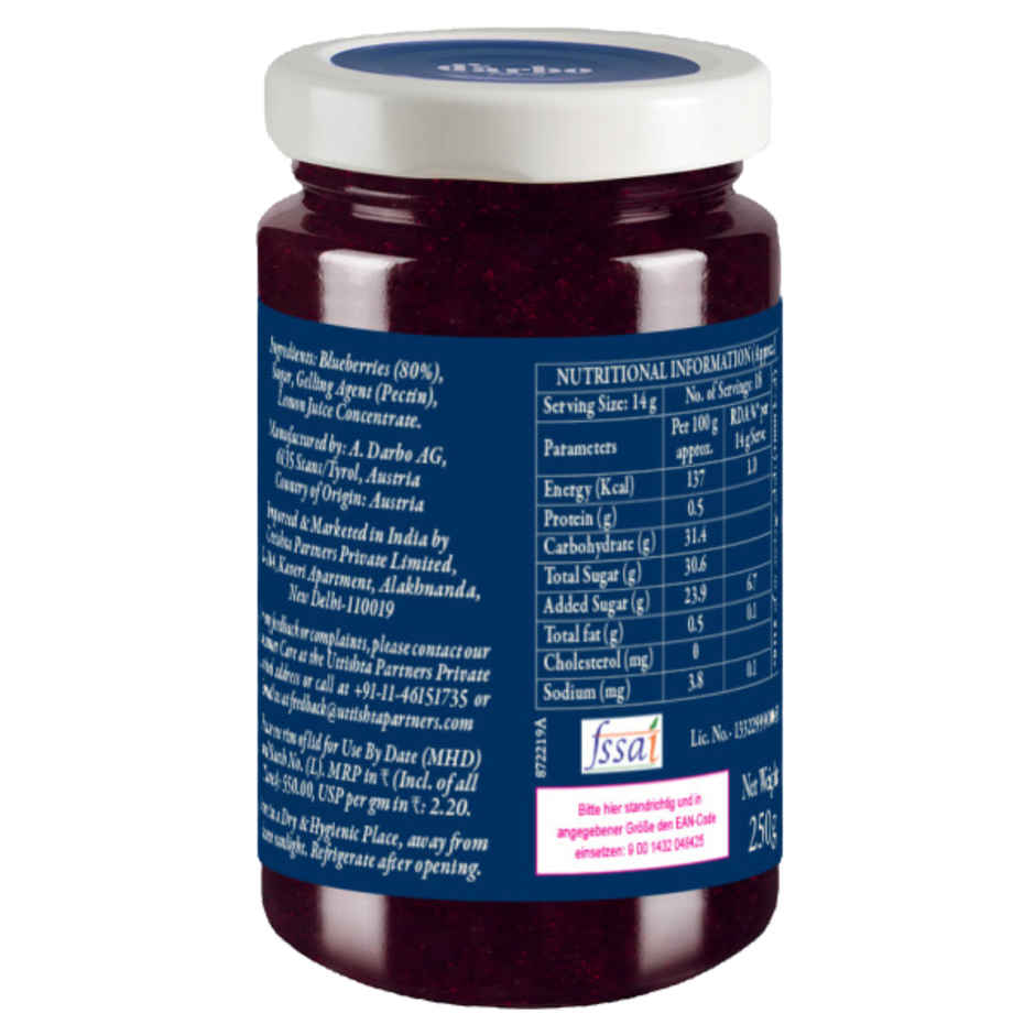 Darbo Blueberry Reduced Sugar Jam 80% Fruit Content Breakfast Jam