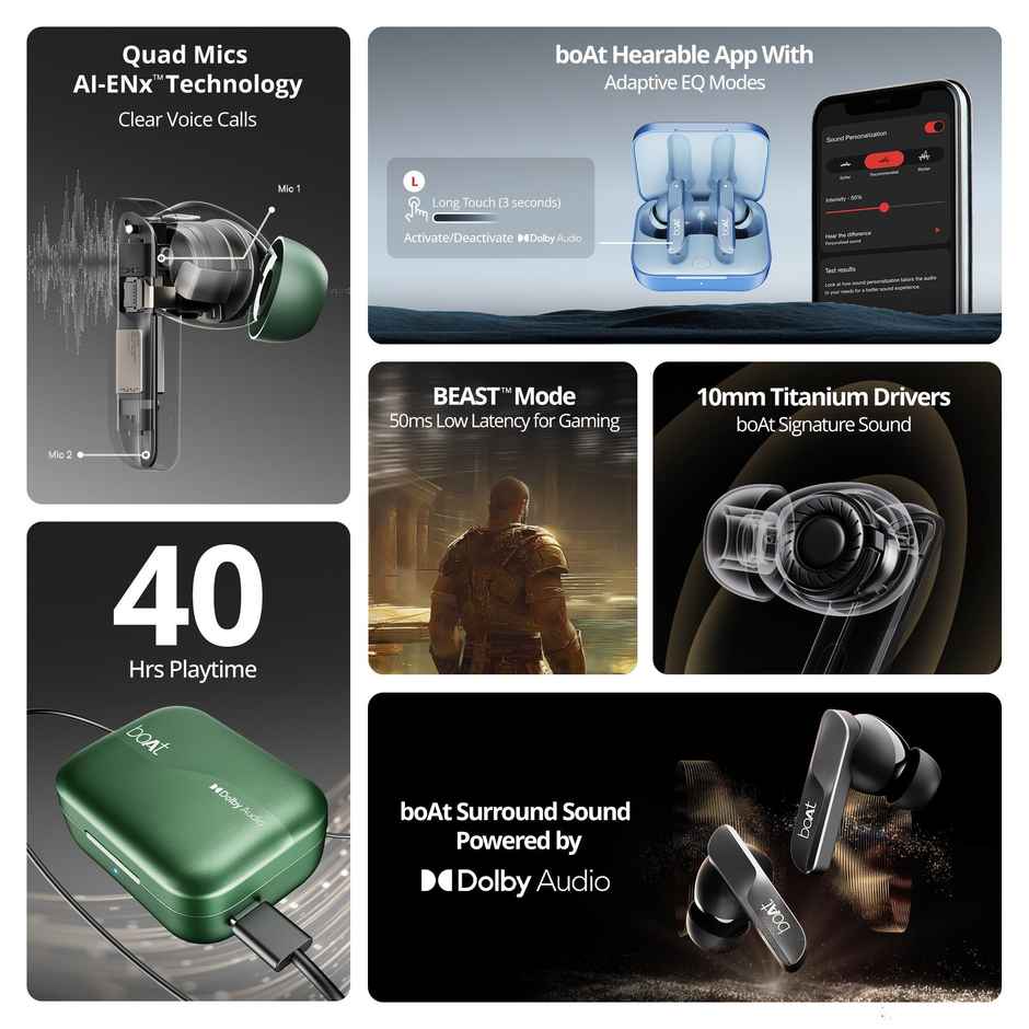boAt Airdopes 800 TWS Earbuds with mic, Dolby Audio, Adaptive EQ by Mimi, 4Mics AI ENx, App Support, Fast Charge, Low Latency, IPX5, v5.3 Bluetooth - Interstellar Blue
