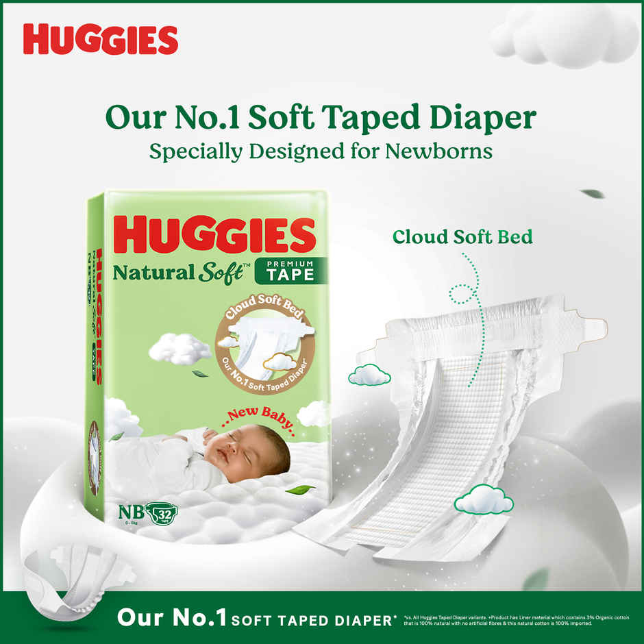 Huggies Natural Soft Premium Tape Diapers | Medium (M) Size | 7 To 12 kg