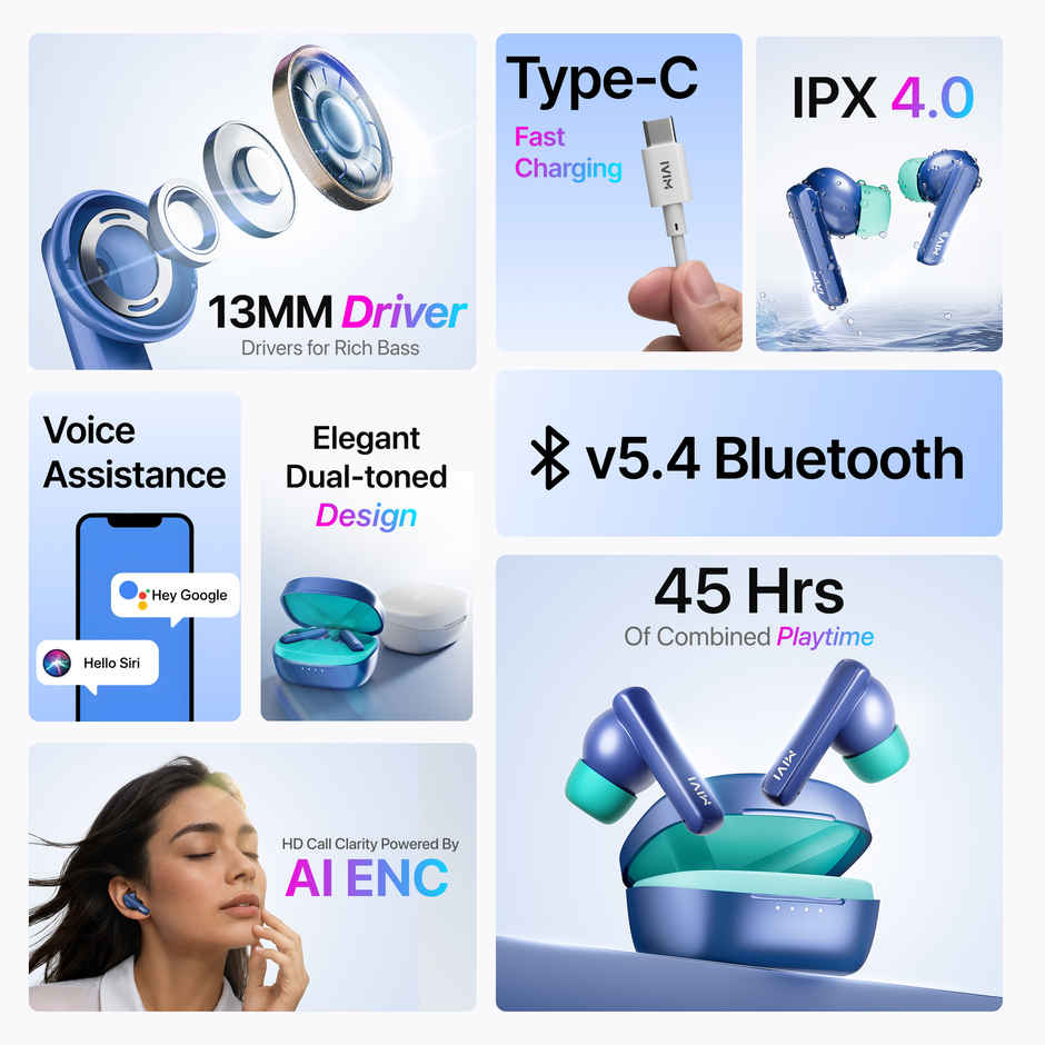 Mivi DuoPods Maxx TWS, 13mm Bass, 50H Playtime, AI ENC Calls, Gaming Mode, BT 5.3, Type C