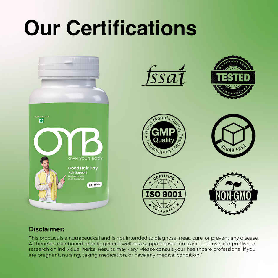 OYB Hair, Skin & Nail Support with Biotin, Zinc & NAC for Hair Growth