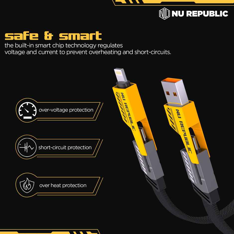 Nu Republic Fusion-Q 65W USB-A to Type-C to Type-C | Type-L 1.2m Fast Data Charging Cable | Black