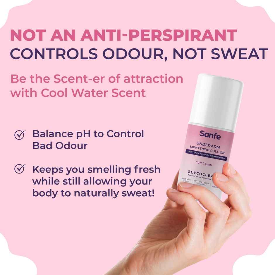 Sanfe Underarm Lightening Roll On (Soft Touch) with 5% AHA, Glycolic & Salicylic For Men & Women