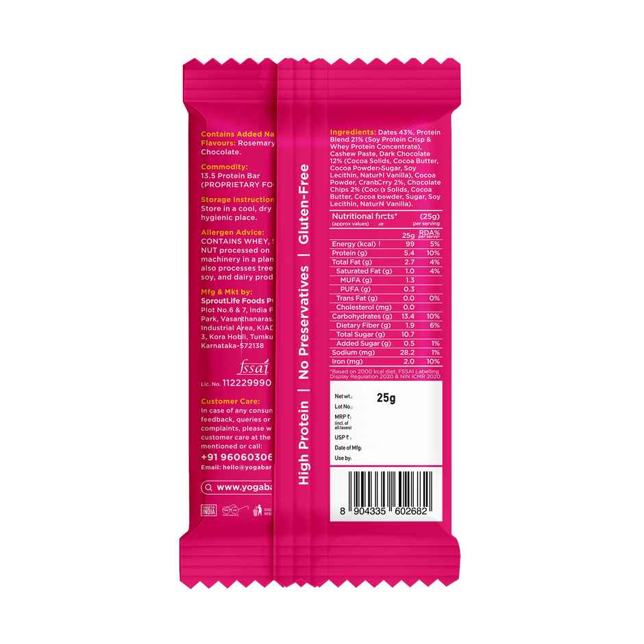 Yoga Bar 5g Protein Bar, Dark Chocolate & Cranberry, Dates, Protein Blend, Cashew, Dark Chocolate
