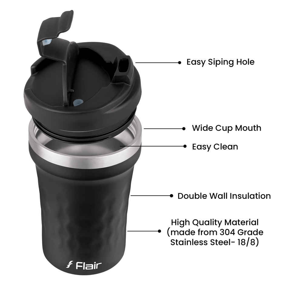 FLAIR Crest Stainless Steel Insulated Coffee Mug | Matt Black - 325 ml