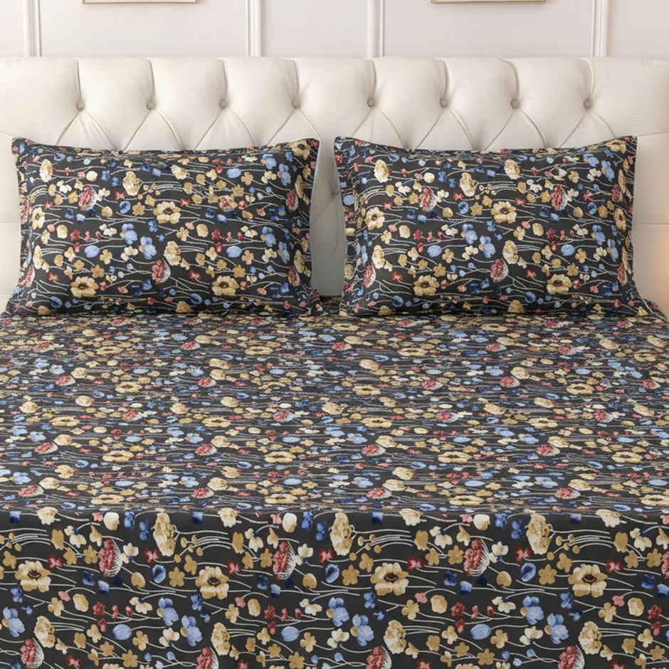 Raymond Home 120 GSM Hazel Floral Double Bedsheet with 2 Pillow Covers Black