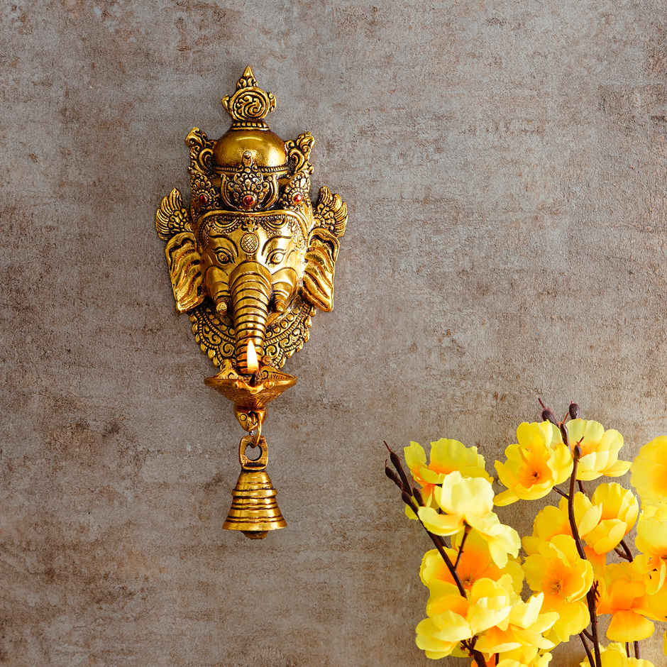 Golden Metal Lord Ganesha Face Wall Hanging Diya With Bell | eCraftIndia
