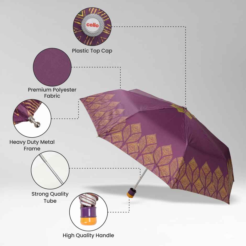 Cello Drizzle 21.5 Inch 3 fold Mix Print Silver Umbrella | Maroon Yellow