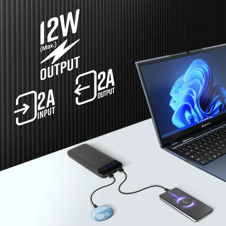 Zebronics MB10000S4 Power Bank, 10000 mAh, Dual USB Output, Type C & Micro USB Input, LED Display
