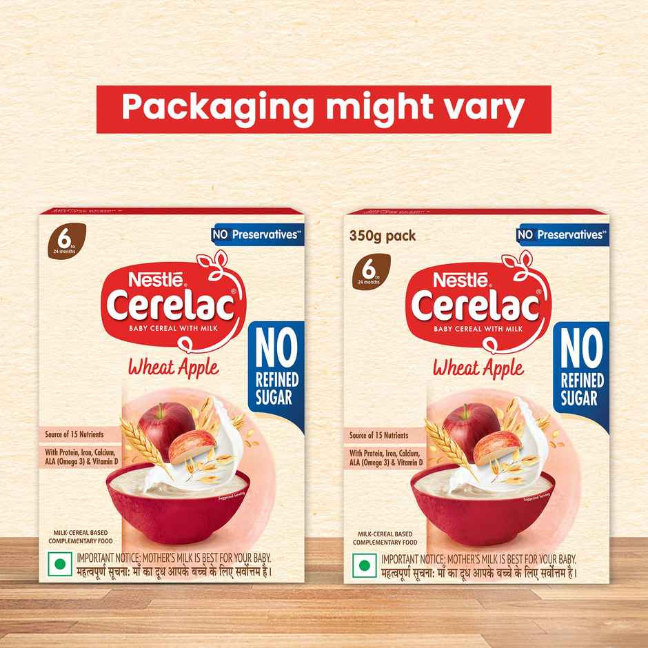 Nestle Cerelac Wheat Apple Baby Food Cereal, No Refined Sugar & No Preservatives, 6 to 24 Months
