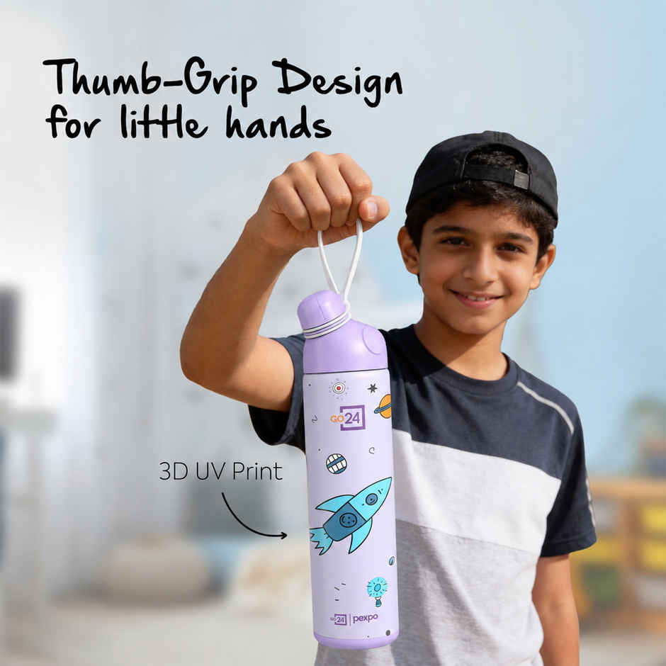 Go24 | Pexpo Pico Cute Sipper | 500 ml | Hot & Cold Steel Bottle | Rocket Uv Printed Design