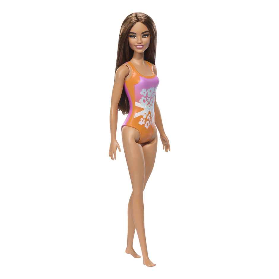 Mattel Barbie Beach Doll with Light Brown Hair, Pink and Orange One-Piece Swimsuit with Tropical Print