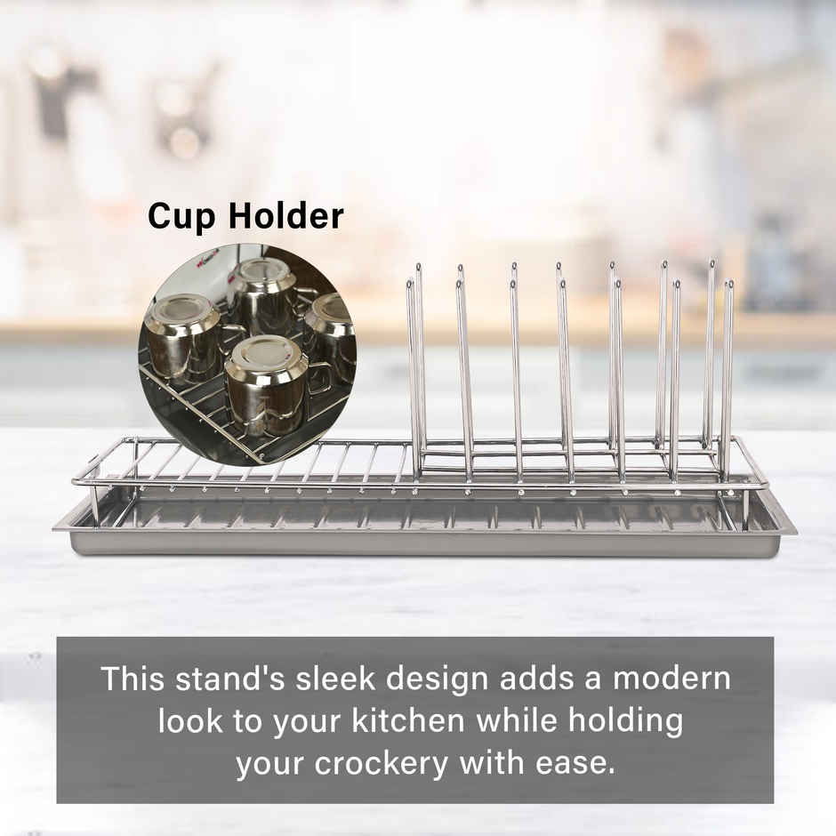 Kuber Industries Stainless Steel Glass & Plate Stand | Crockery Rack with Draining Tray | Silver