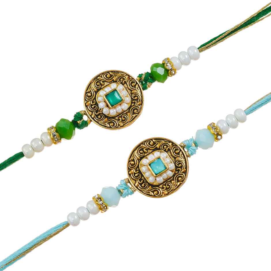Kundan Pearls Beads Designer Rakhis for Bhai, Bhaiya, Bhabhi and Kids with Roli Chawal | Set of 2 | Abstract Rakhi | Ecraftindia